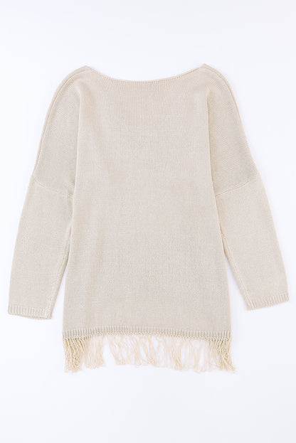 Lightweight Knit Fringe Hem Loose Sweater | Khaki