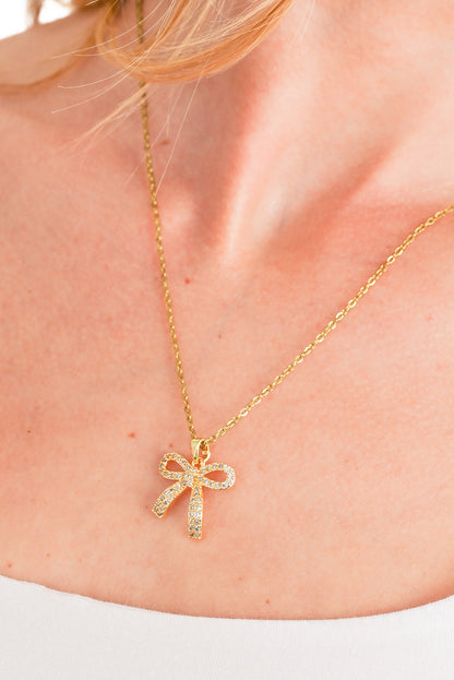 Plated Rhinestone Bowknot Pendant Necklace | Gold