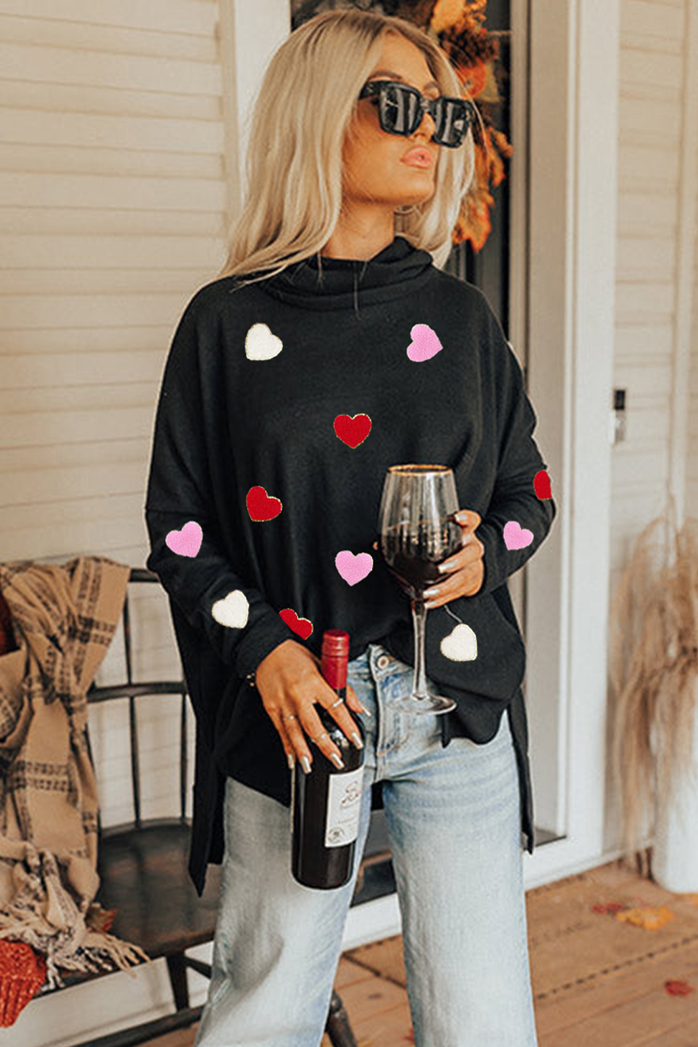 Valentines Chenille Heart Patched Dolman Sleeve High Neck Split Top | Black