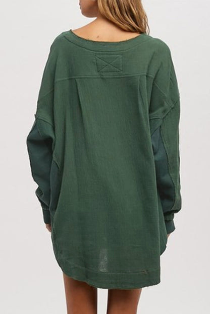 Textured Waffle Knit Patchwork Buttoned Neck Loose Blouse | Green