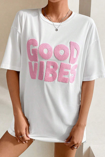 Good Vibes Chenille Embroidered Crewneck T Shirt | White