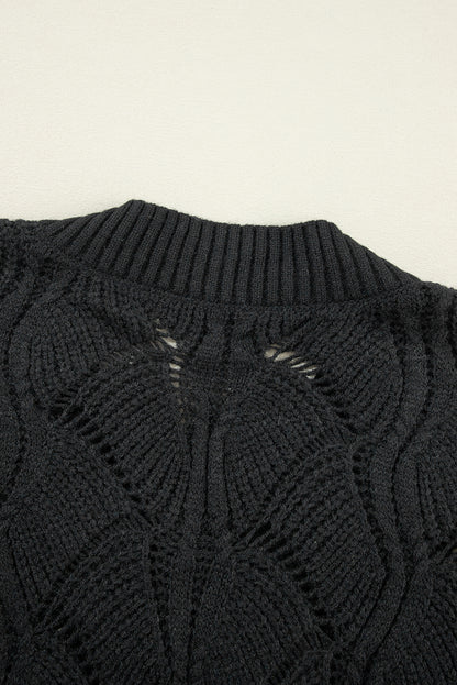 Hollow Out Knit V Neck Drop Shoulder Sweater | Black