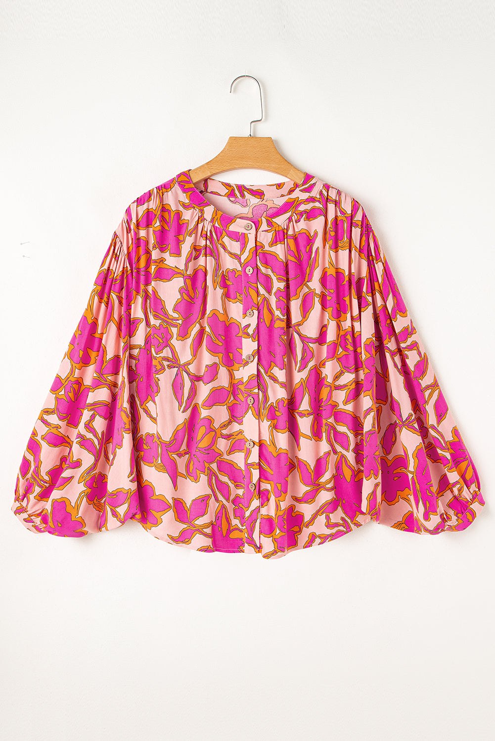 Floral Print Batwing Sleeve Buttoned Loose Fit Shirt | Pink