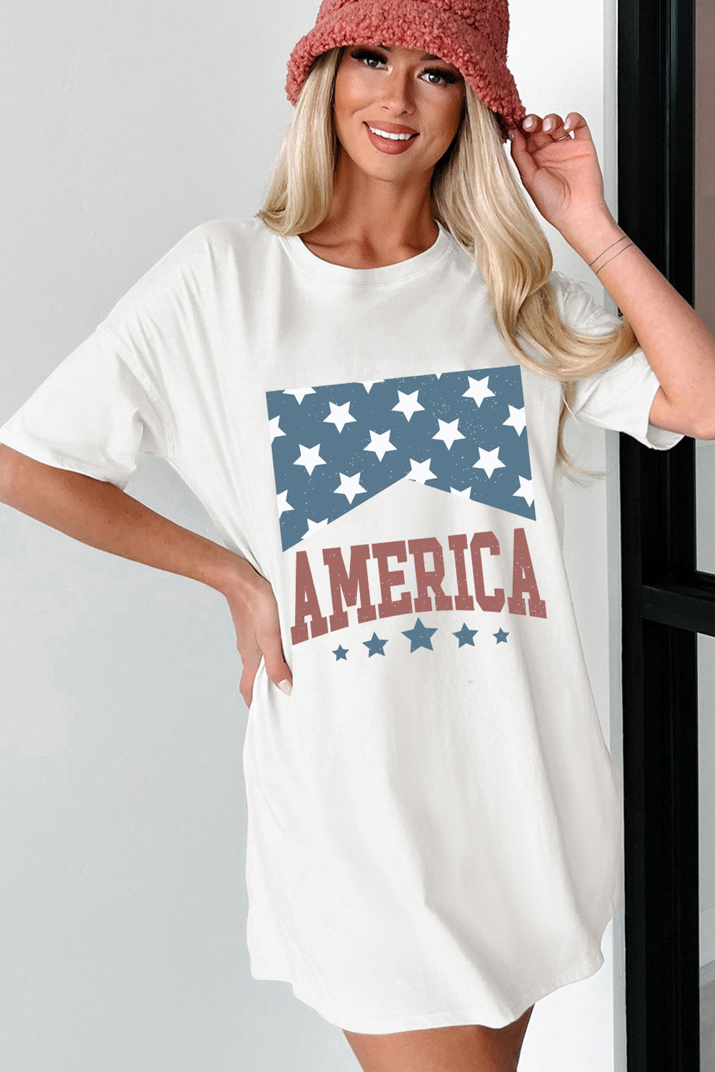 America Stars Print Round Neck Oversized T Shirt | White