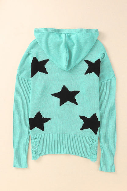 V Neck Star Pattern Hooded Sweater With Slits | Green