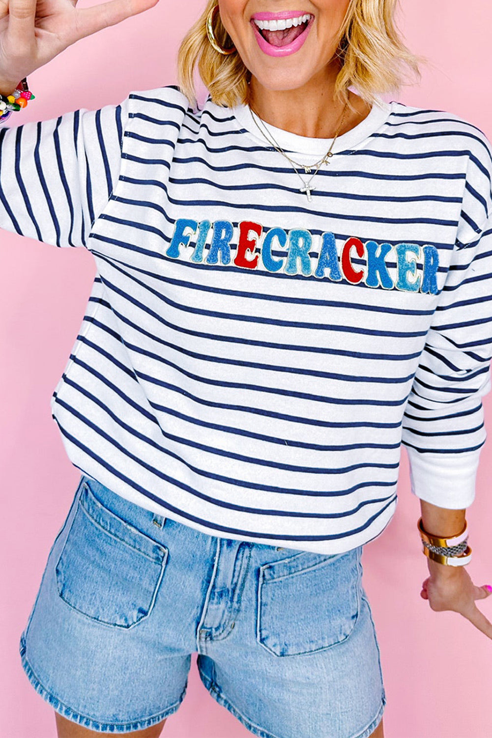 Chenille Firecracker Embroidered Sweatshirt | Blue Stripe