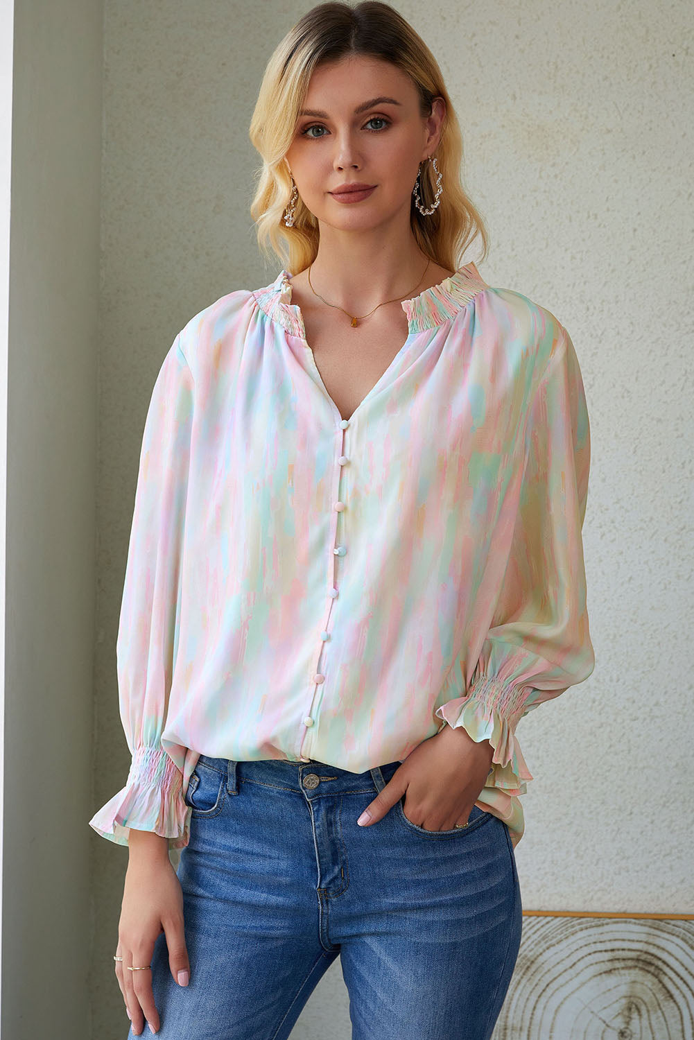 Abstract Print Frilled Buttoned Long Sleeve Shirt | Multicolour