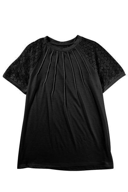 Seamed Detail Contrast Lace Raglan Sleeve Tee | Black