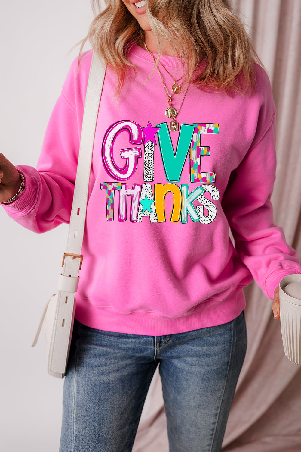 Give Thanks Graphic Drop Shoulder Thanksgiving Pullover Sweatshirt | Bonbon