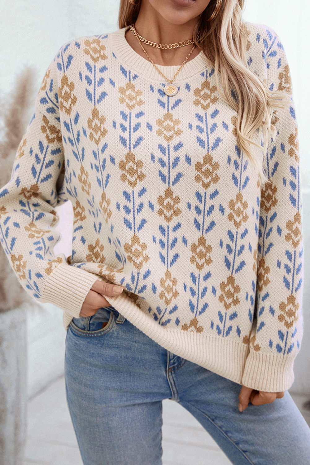 Floral Pattern Crew Neck Sweater | Apricot