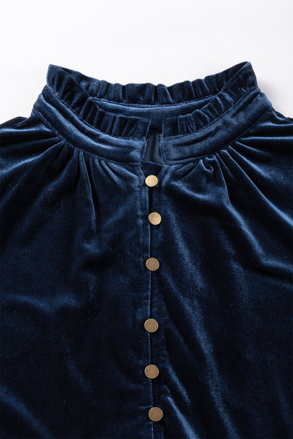 Frilled Neck Buttoned Front Velvet Top | Navy Blue