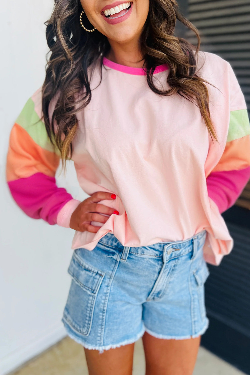 Colourblock Patchwork Long Sleeve Loose Top | Pink