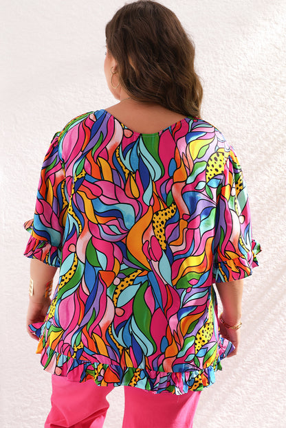 Abstract Print Plus Size Frilly Trim Blouse | Rose