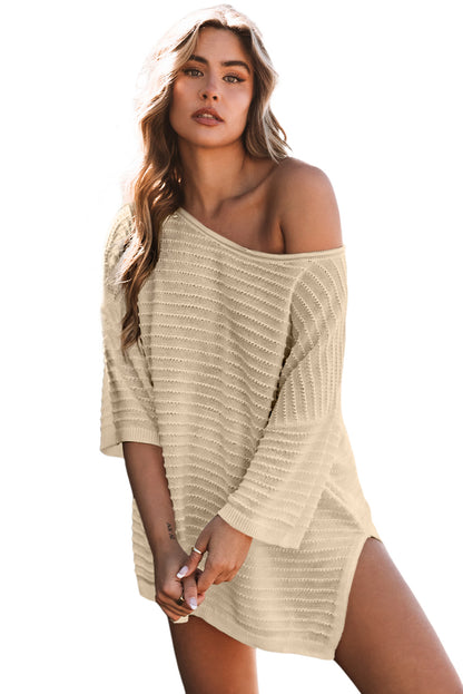 Textured Knit Drop Shoulder Tee | Apricot