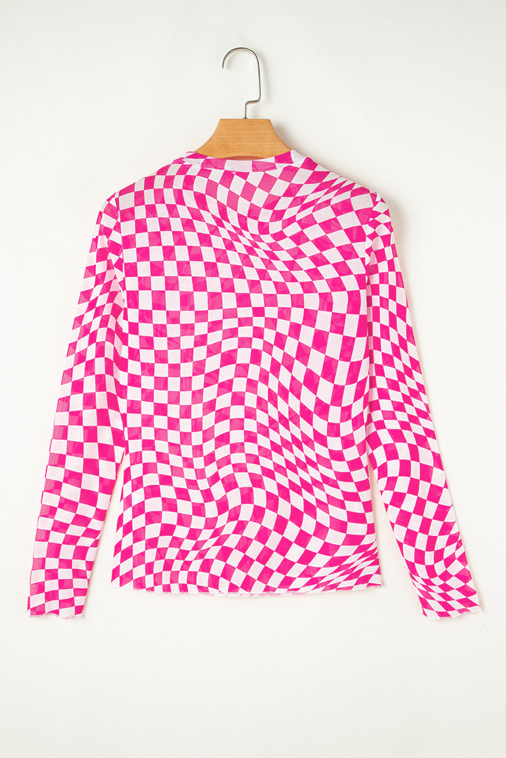 Checkered Pattern Mesh Mock Neck Long Sleeve Top | Rose