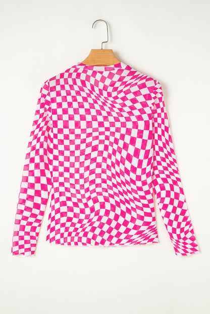 Checkered Pattern Mesh Mock Neck Long Sleeve Top | Rose