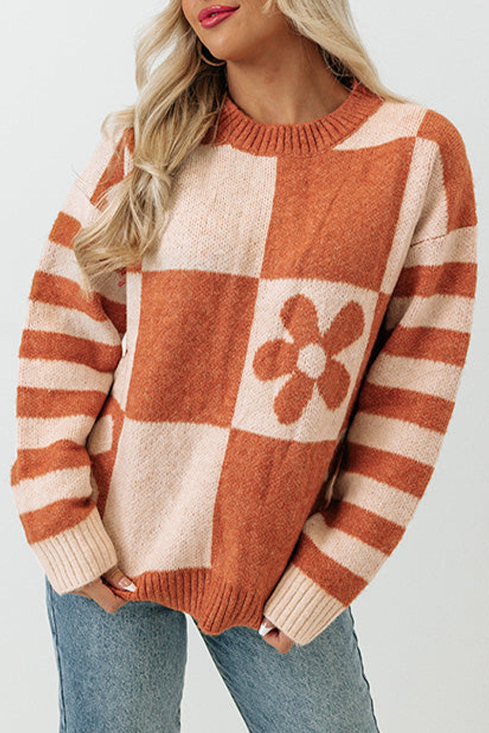 Checkered Floral Print Striped Sleeve Sweater | Brown