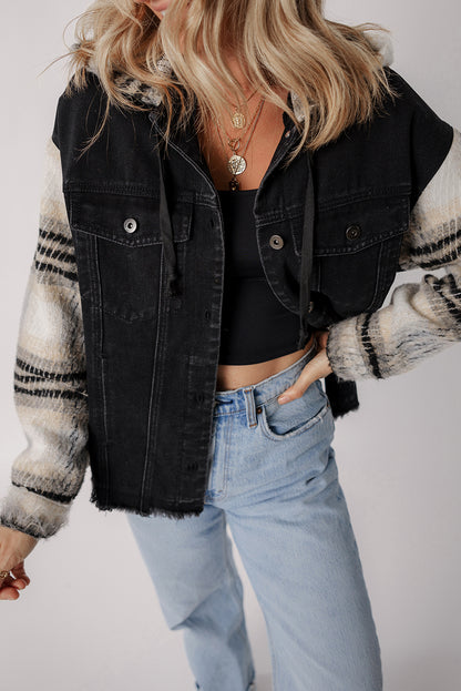 Plaid Sleeve Frayed Hem Hooded Denim Jacket | Black