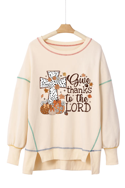 Give Thanks To The Lord Graphic High Low Hem Loose Sweatshirt | White