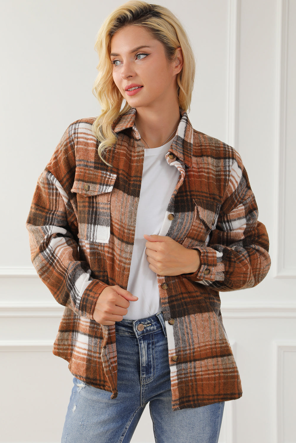 Brown Plaid Flap Pockets Shacket | Gold Flame