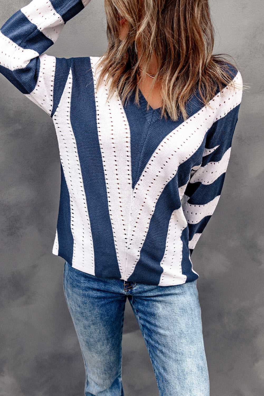 Striped Colourblock V Neck Knitted Sweater | Blue