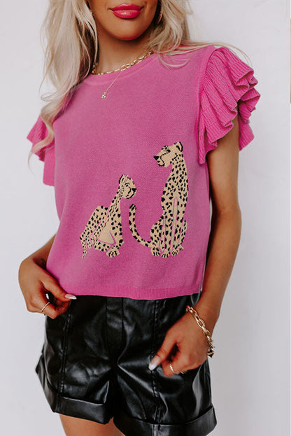 Leopard Ruffled Sleeve Round Neck Knit Sweater | Pink