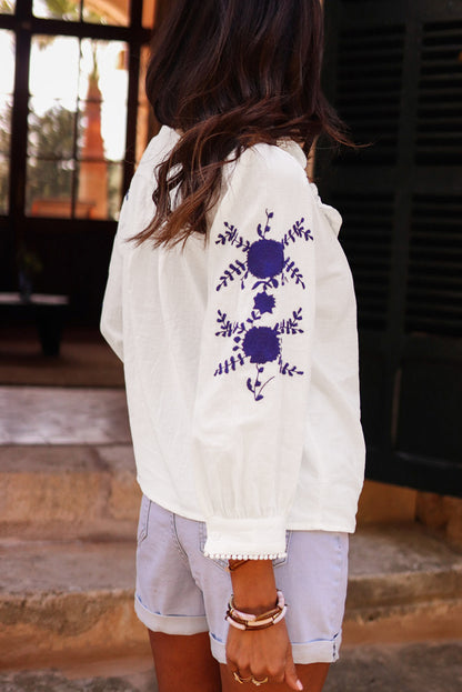 Floral Embroidered Bracelet Sleeve Shirt | White