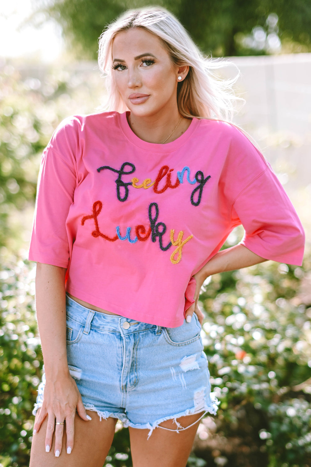 Feeling Lucky Embroidered Letter Graphic Half Sleeve Top | Bonbon