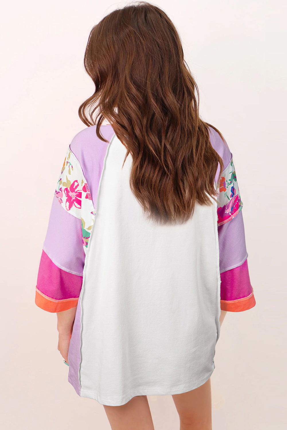 Floral Colour Block Patchwork 3/4 Sleeve Casual Blouse | Sachet Pink