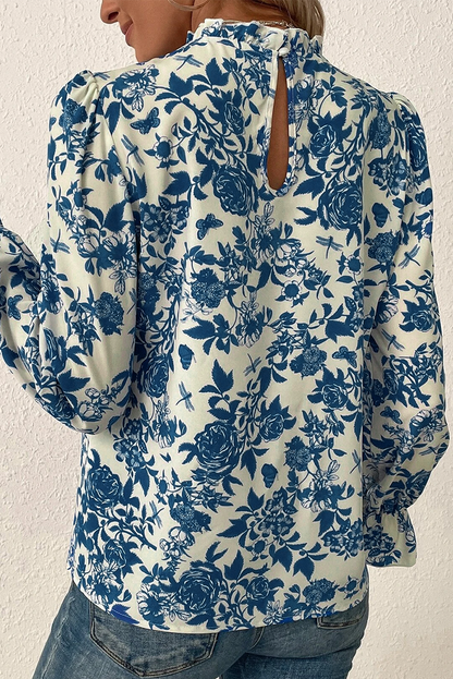 Floral Print Flounce Sleeve Keyhole Back Blouse | Sky Blue