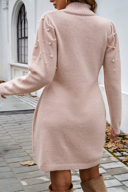 Pearl Beaded High Neck Bodycon Sweater Dress | Apricot Pink