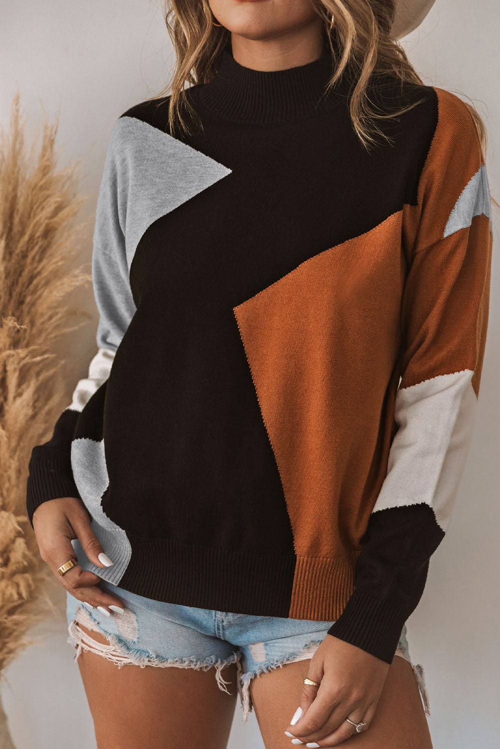 Colour Block Mock Neck Drop Shoulder Knit Sweater | Orange