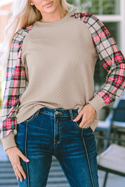 Plaid Raglan Sleeve Sweatshirt | Apricot