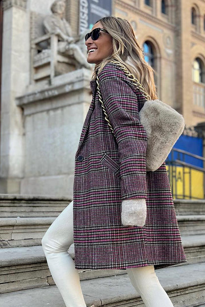 Plaid Lapel Collar One Button Midi Coat | Pink