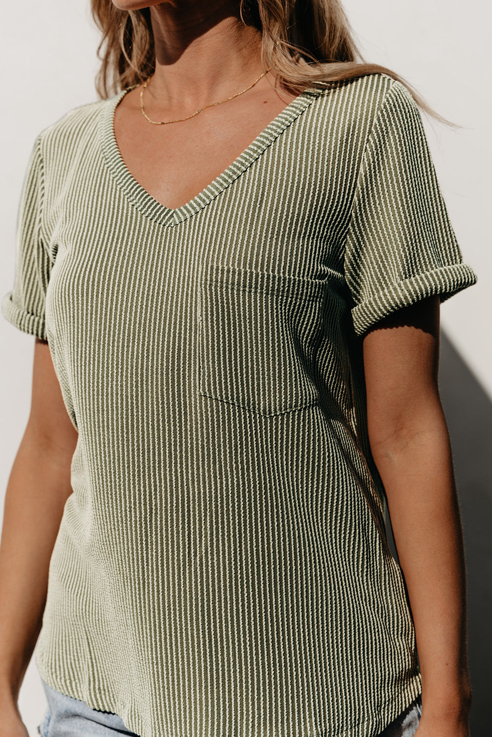 Twist Short Sleeve Corded V Neck Top | Laurel Green