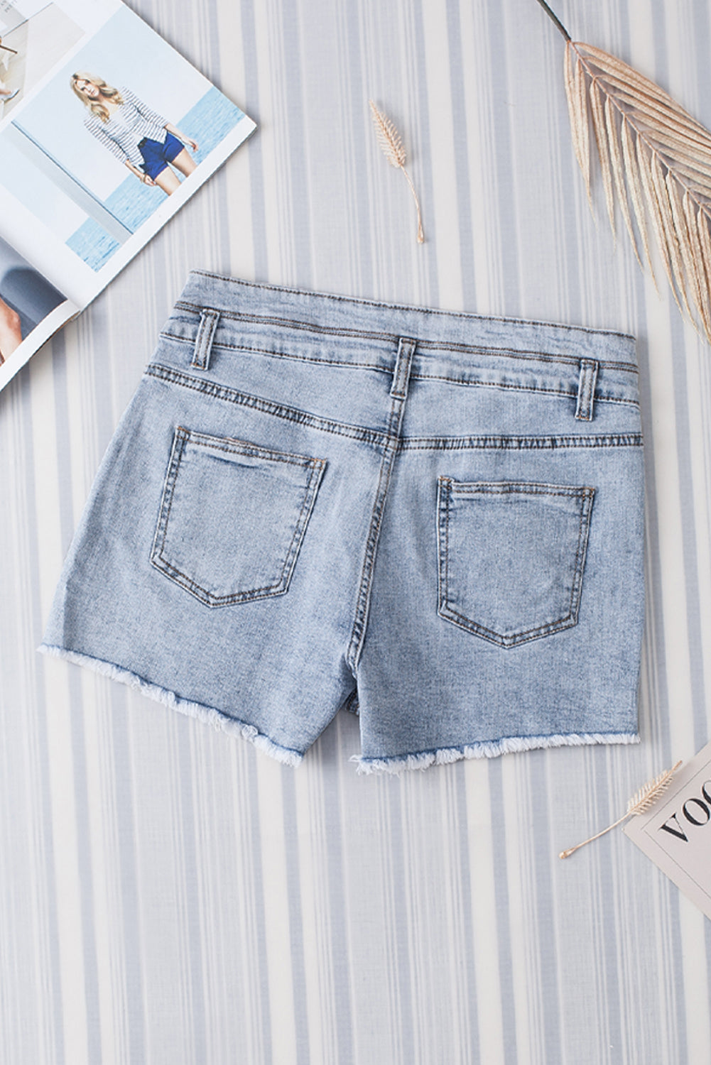 Diamond Studded Vintage Wash Denim Shorts | Sky Blue