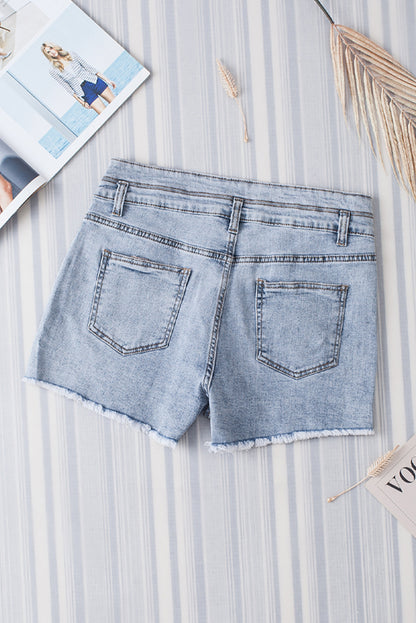 Diamond Studded Vintage Wash Denim Shorts | Sky Blue