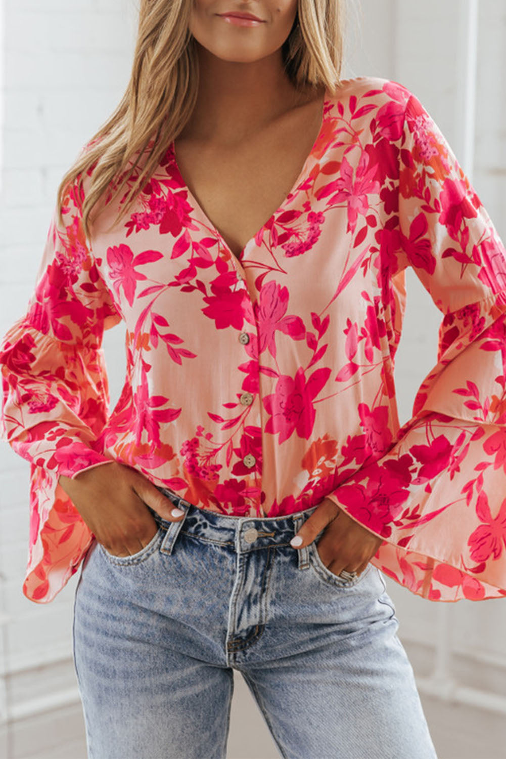 Floral Print Tiered Bell Long Sleeve Buttoned Bodysuit | Pink