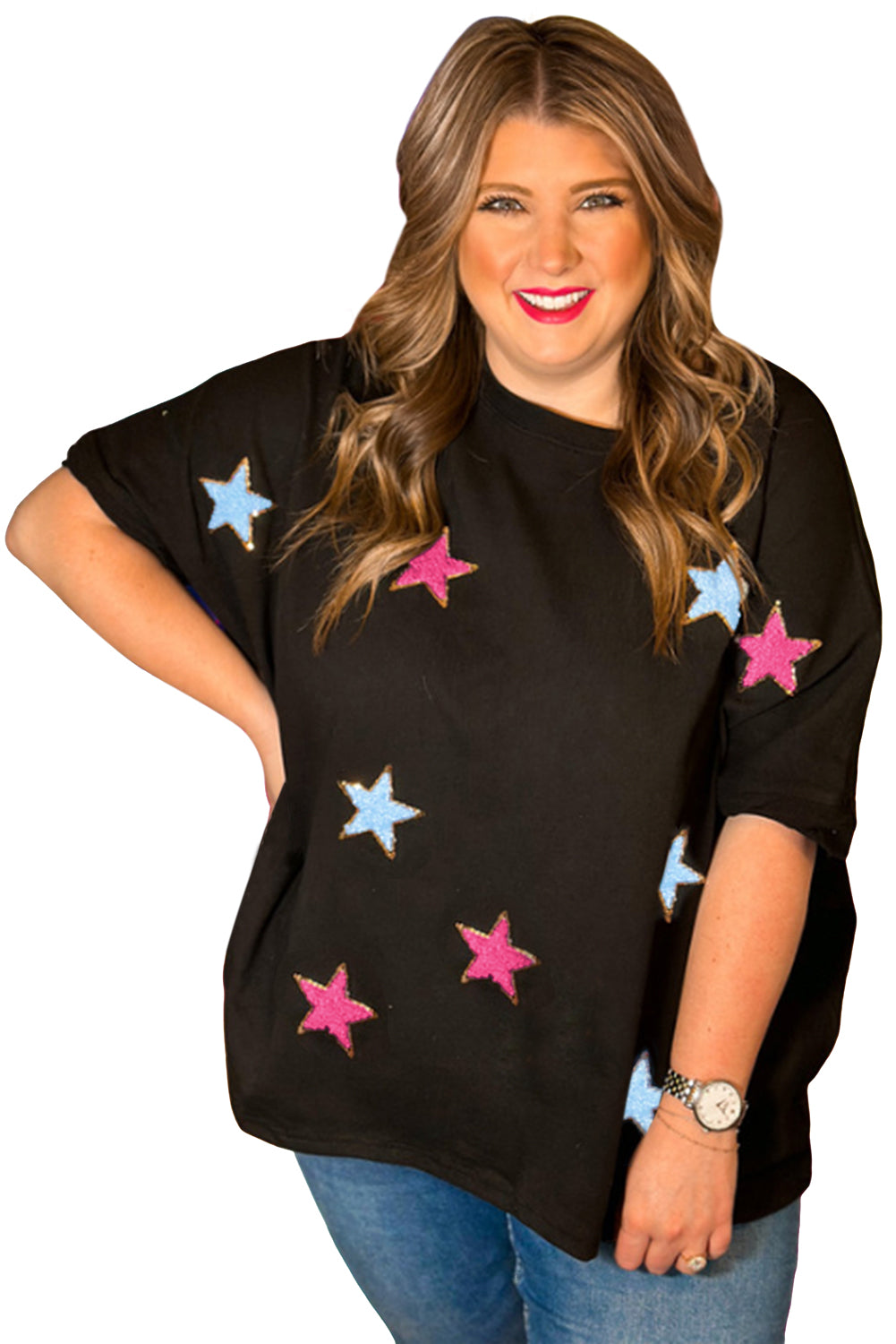 Sequin Chenille Star Pattern Plus Size Tee | Black