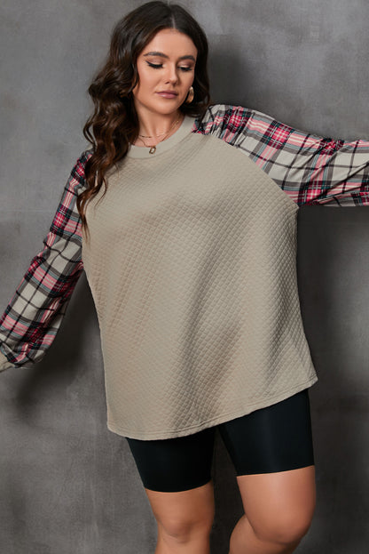 Plus Size Plaid Raglan Sleeve Crew Neck Sweatshirt | Apricot