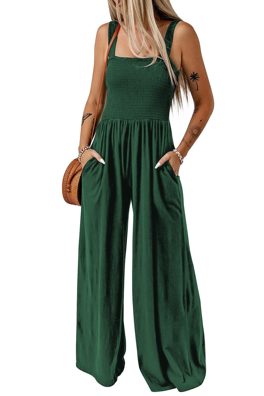 Smocked Sleeveless Wide Leg Jumpsuit With Pockets | Green