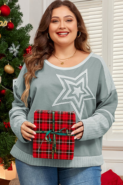 Stars Patchwork Round Neck Plus Size T Shirt | Mist Green