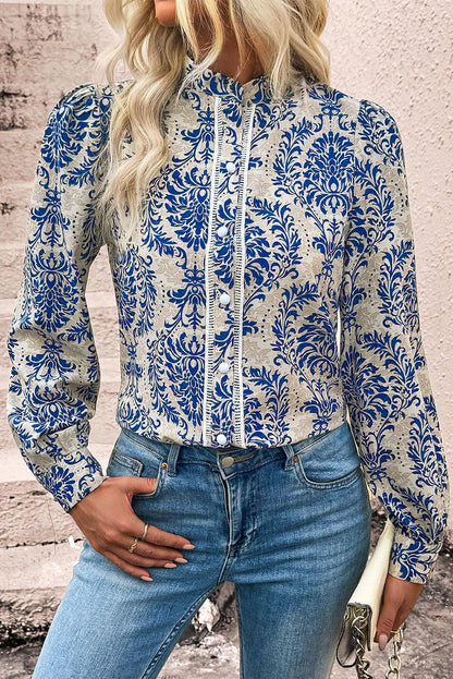 Bohemian Printed Bishop Sleeve Lace Shirt | Sky Blue