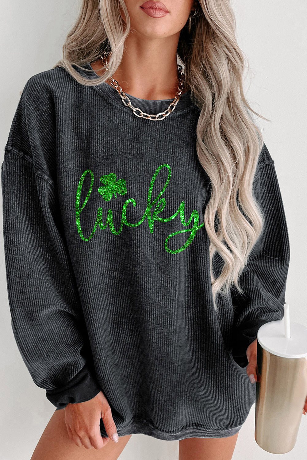 Black Shiny Lucky Clover Corded Drop Shoulder Sweatshirt