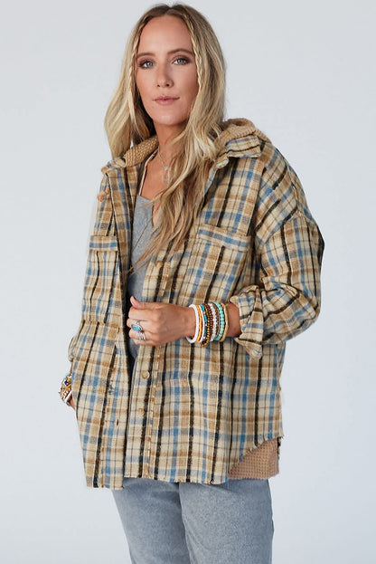 Waffle Knit Patchwork Hooded Plaid Shacket | Ashleigh Blue