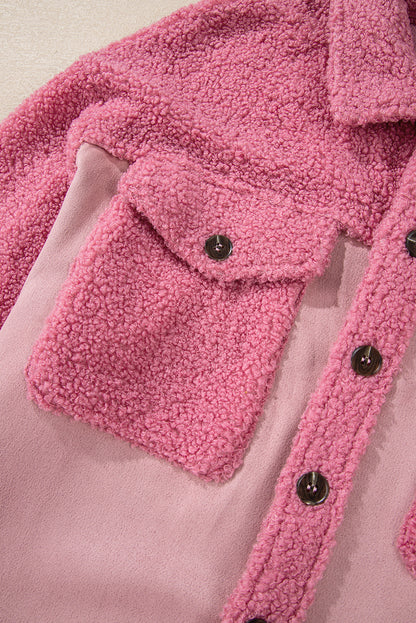 Colourblock Buttoned Flap Pocket Sherpa Shacket | Pink