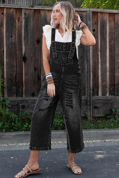 Distressed Bib Pocket Wide Leg Denim Overall | Black