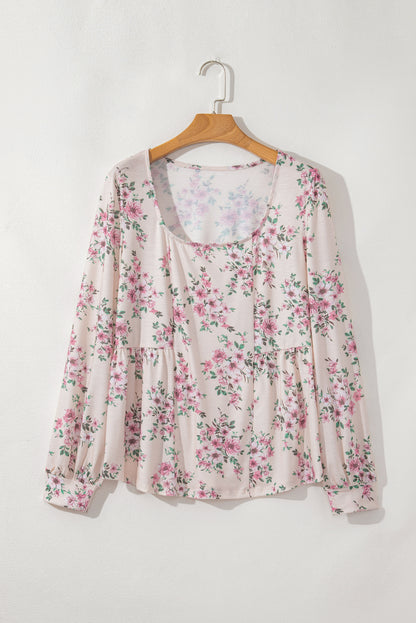 Floral Print Pleated U Neck Loose Fit Blouse | Pink