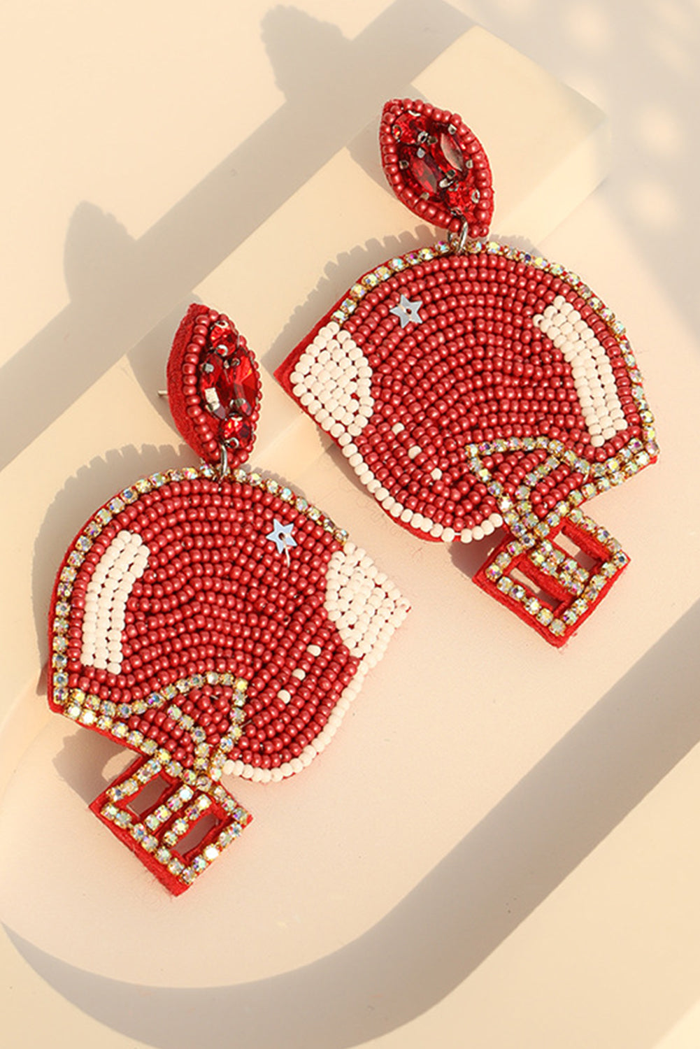 Game Day Rice Beaded Football Helmet Dangle Earrings | Fiery Red