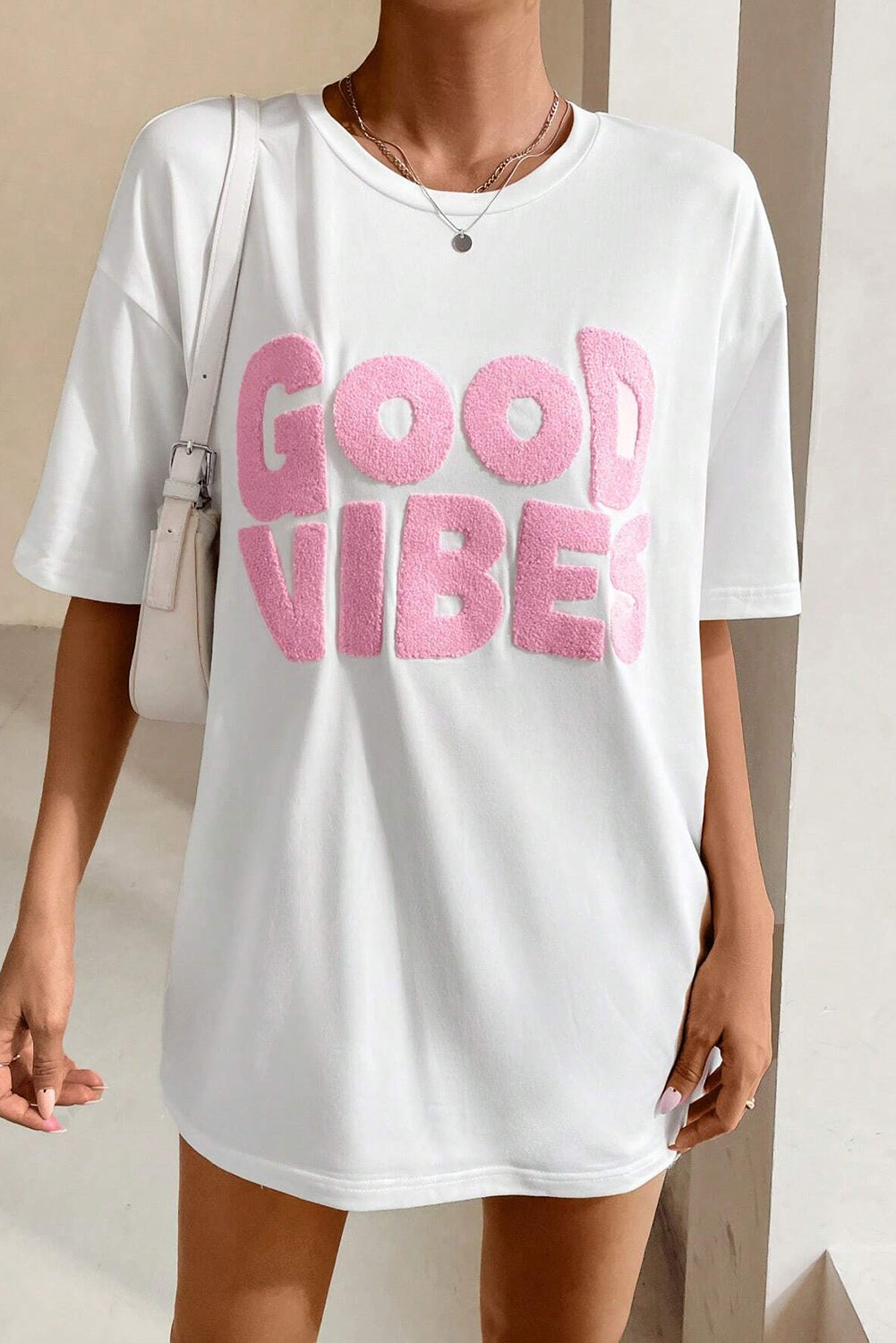 Good Vibes Chenille Embroidered Crewneck T Shirt | White